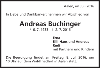 Traueranzeige von Andreas Buchinger von Schwäbische Post