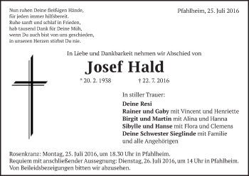 Traueranzeige von Josef Hald von Schwäbische Post