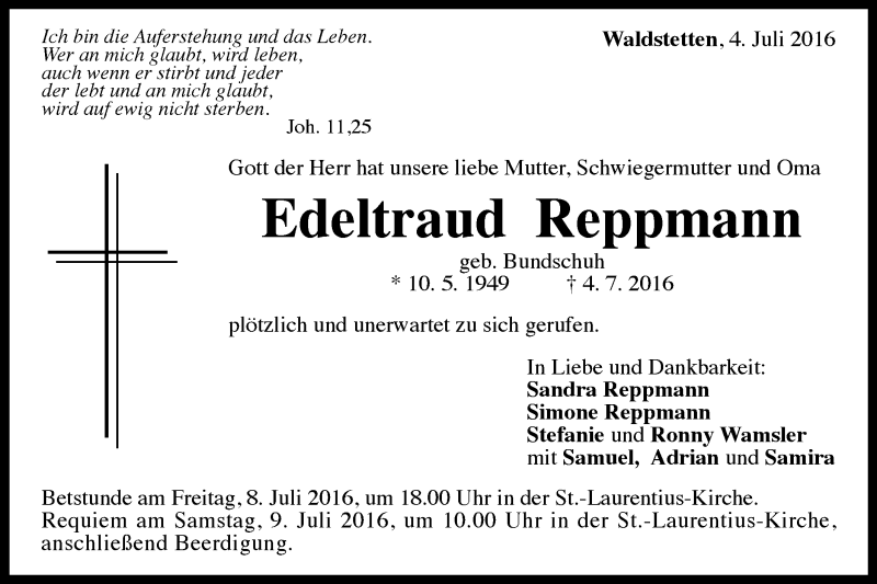  Traueranzeige für Edeltraud Reppmann vom 06.07.2016 aus Gmünder Tagespost