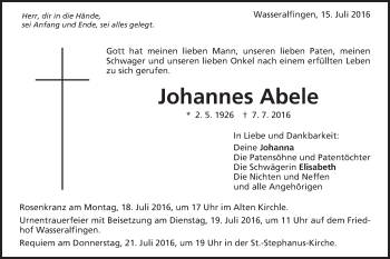 Traueranzeige von Johannes Abele von Schwäbische Post