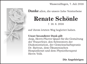 Traueranzeige von Renate Schönle von Schwäbische Post