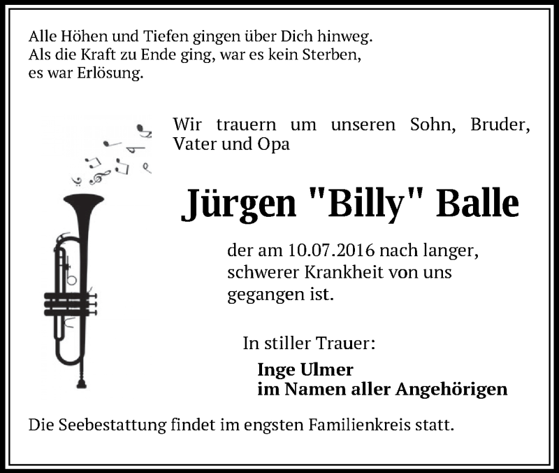  Traueranzeige für Jürgen Balle vom 30.07.2016 aus Schwäbische Post