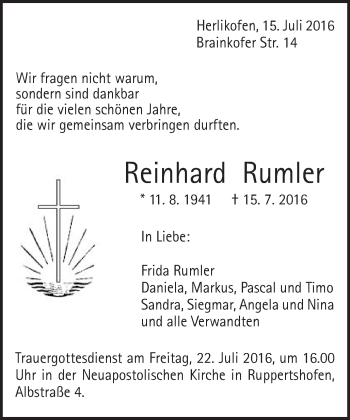 Traueranzeige von Reinhard Rumler von Gmünder Tagespost