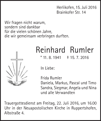 Traueranzeige von Reinhard Rumler