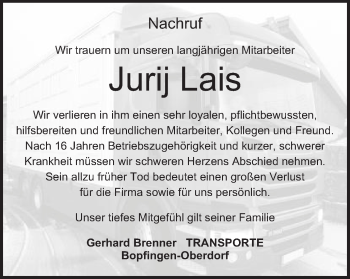 Traueranzeige von Jurij Lais von Schwäbische Post