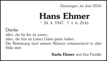 Traueranzeige von Hans Ehmer von Schwäbische Post