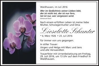 Traueranzeige von Lieselotte Schunter von Gmünder Tagespost