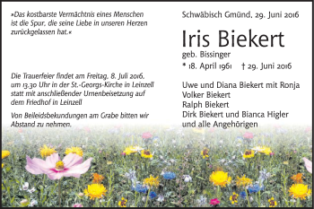 Traueranzeige von Iris Biekert von Gmünder Tagespost