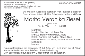 Traueranzeige von Marita Veronika Ziesel von Gmünder Tagespost