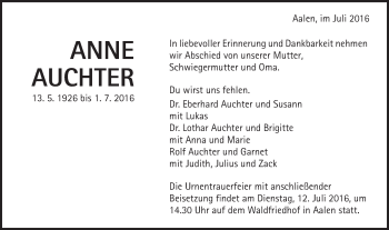 Traueranzeige von Anne Auchter von Schwäbische Post