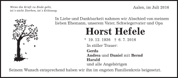 Traueranzeige von Horst Hefele von Schwäbische Post
