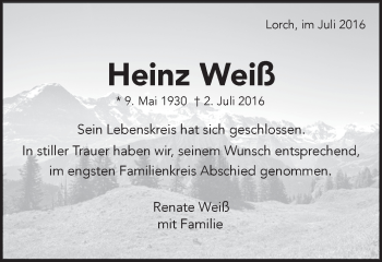 Traueranzeige von Heinz Weiß von Gmünder Tagespost