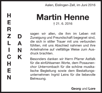 Traueranzeige von Martin Henne von Schwäbische Post