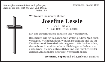 Traueranzeige von Josefine Lessle von Schwäbische Post