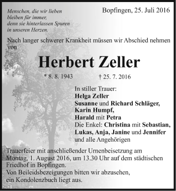 Traueranzeige von Herbert Zeller von Schwäbische Post