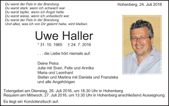 Traueranzeige von Uwe Haller von Schwäbische Post