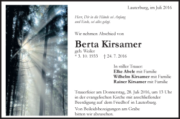 Traueranzeige von Berta Kirsamer von Schwäbische Post