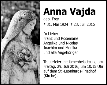 Traueranzeige von Anna Vajda von Gmünder Tagespost