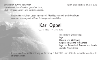 Traueranzeige von Karl Oppel von Schwäbische Post