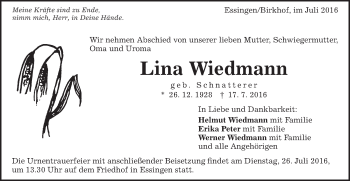 Traueranzeige von Lina Wiedmann von Schwäbische Post