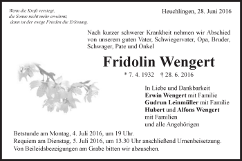 Traueranzeige von Fridolin Wengert von Gmünder Tagespost