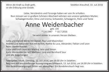 Traueranzeige von Anne Weidenbacher von Schwäbische Post