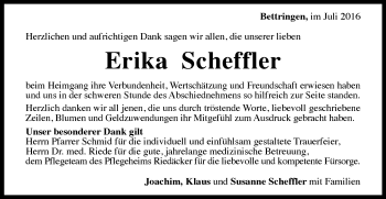 Traueranzeige von Erika Scheffler von Gmünder Tagespost