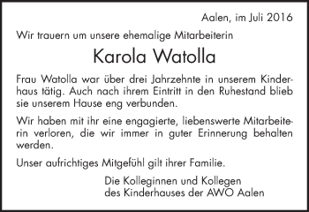 Traueranzeige von Karola Watolla von Schwäbische Post