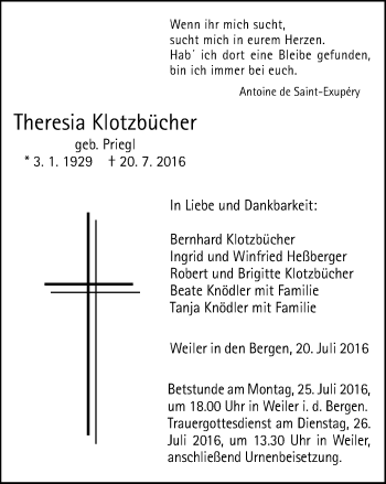 Traueranzeige von Theresia Klotzbücher von Gmünder Tagespost
