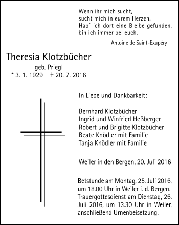 Traueranzeige von Theresia Klotzbücher