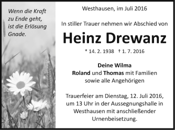 Traueranzeige von Heinz Drewanz von Schwäbische Post