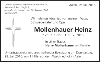 Traueranzeige von Heinz Mollenhauer von Schwäbische Post