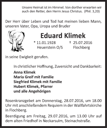 Traueranzeige von Eduard Klimek von Schwäbische Post