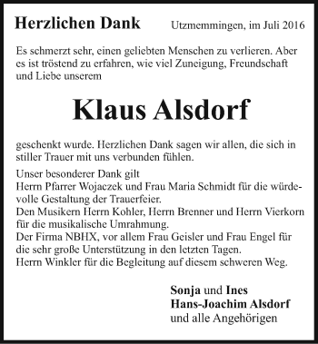 Traueranzeige von Klaus Alsdorf von Schwäbische Post
