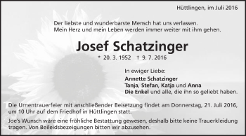 Traueranzeige von Josef Schatzinger von Schwäbische Post