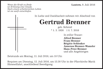 Traueranzeige von Gertrud Brenner von Gmünder Tagespost