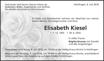 Traueranzeige von Elisabeth Kiesel von Schwäbische Post
