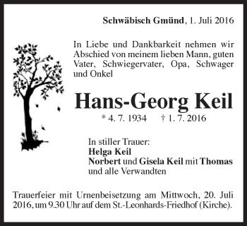 Traueranzeige von Hans-Georg Keil von Gmünder Tagespost