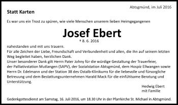 Traueranzeige von Josef Ebert von Schwäbische Post