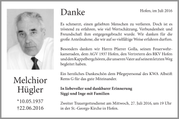 Traueranzeige von Melchior Hügler von Schwäbische Post
