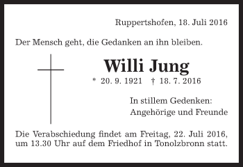 Traueranzeige von Willi Jung von Gmünder Tagespost
