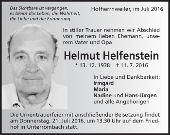 Traueranzeige von Helmut Helfenstein von Schwäbische Post