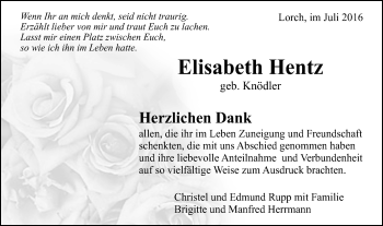 Traueranzeige von Elisabeth Hentz von Gmünder Tagespost