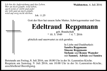 Traueranzeige von Edeltraud Reppmann von Gmünder Tagespost