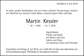 Traueranzeige von Martin Kessler von Gmünder Tagespost