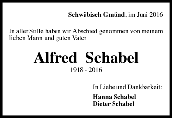 Traueranzeige von Alfred Schabel von Gmünder Tagespost
