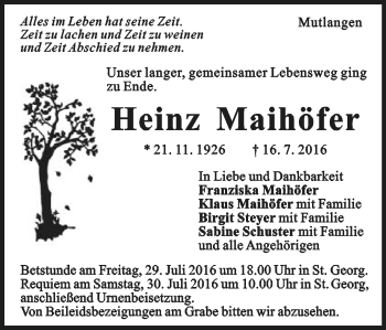 Traueranzeige von Heinz Maihöfer von Gmünder Tagespost