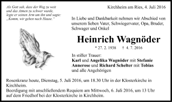 Traueranzeige von Heinrich Wagnöder von Schwäbische Post