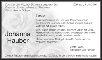 Traueranzeige von Johanna Hauber von Schwäbische Post