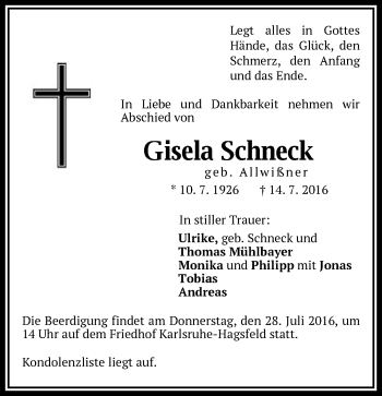 Traueranzeige von Gisela Schneck von Schwäbische Post